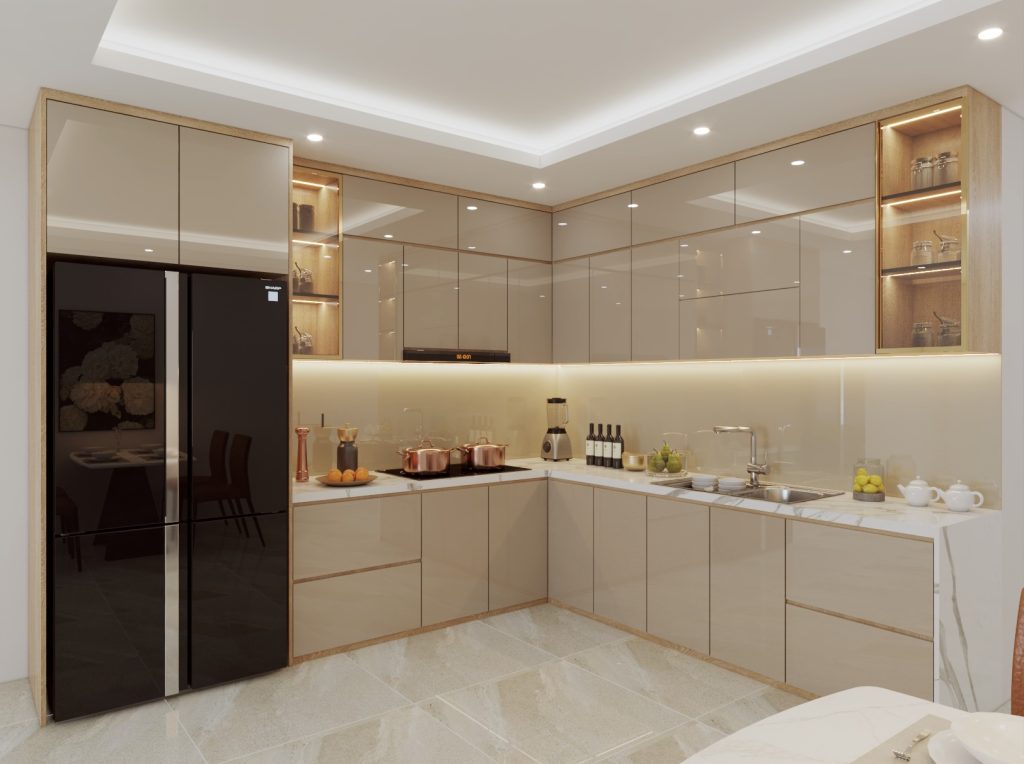 Tủ bếp Acrylic chữ L bố trí không gian